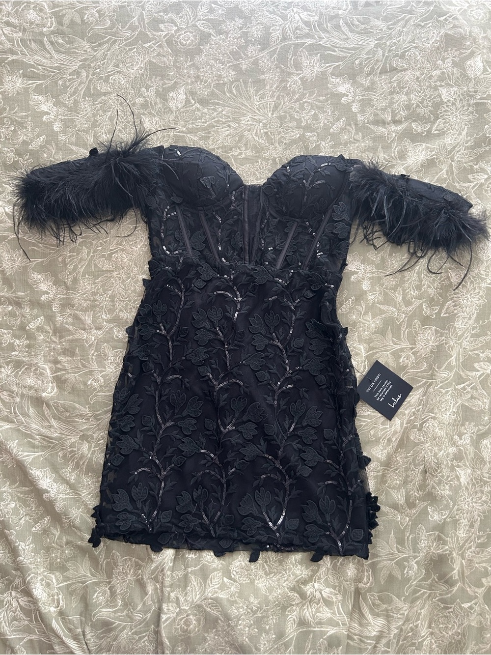 Black Off-Shoulder Feather Trim Lace Mini Dress